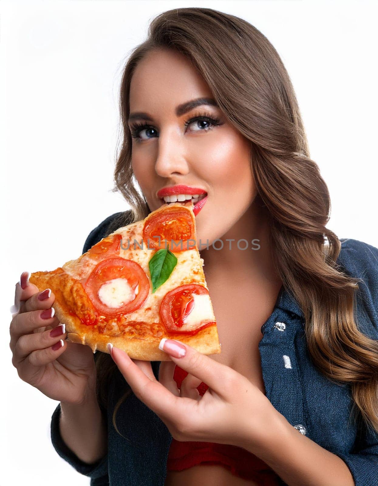 pretty young woman eating pizza margherita, AI generated image