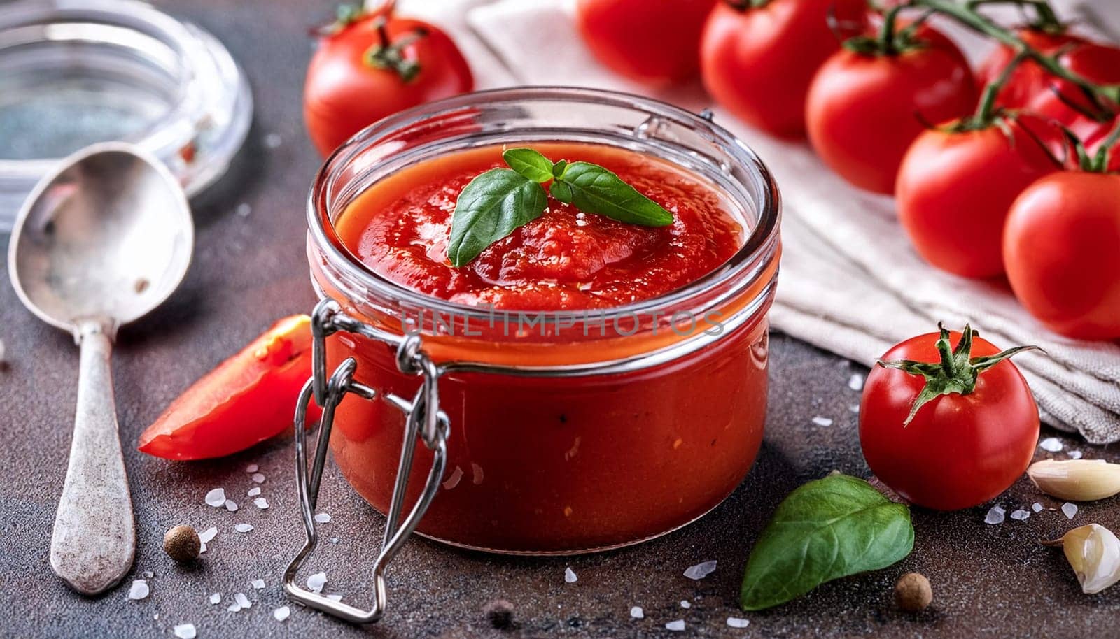 jar of red tomato puree with basil, AI generated image