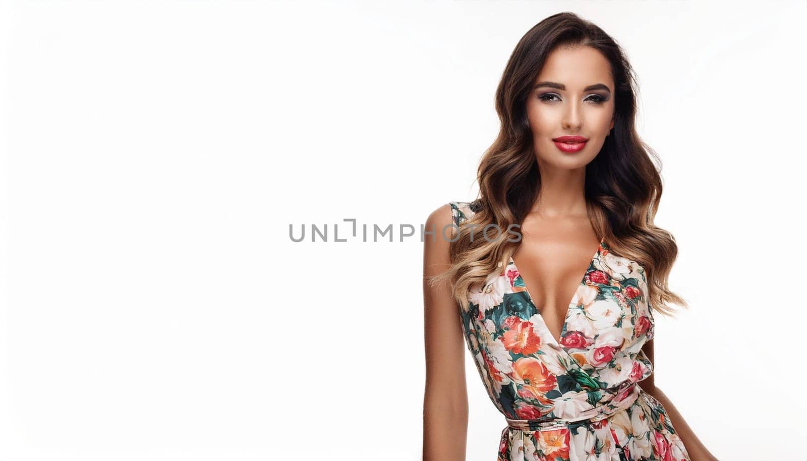 gorgeous young woman in floral summer dress, AI generated image