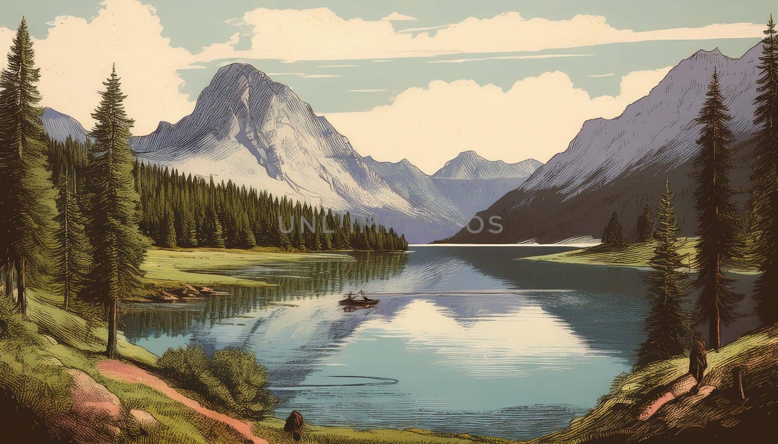 vintage alpine mountain lake scenery drawing, AI generated image