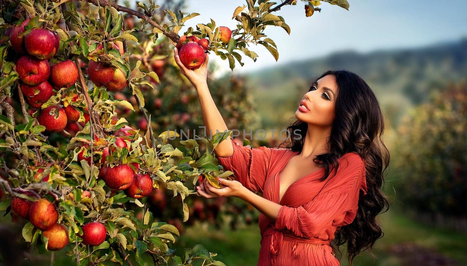 gorgeous young woman picking green apples from a tree, AI generated image