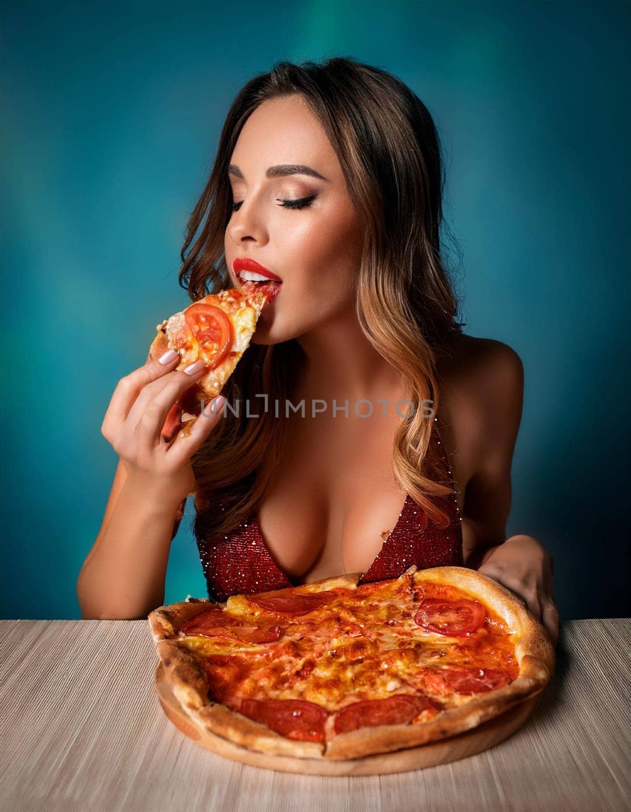pretty young woman eating pizza margherita, AI generated image