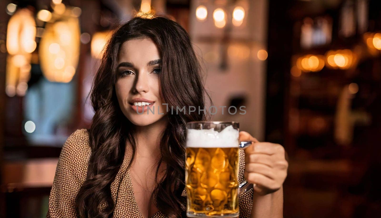 gorgeous young woman drinking beer in a pub, AI generated image