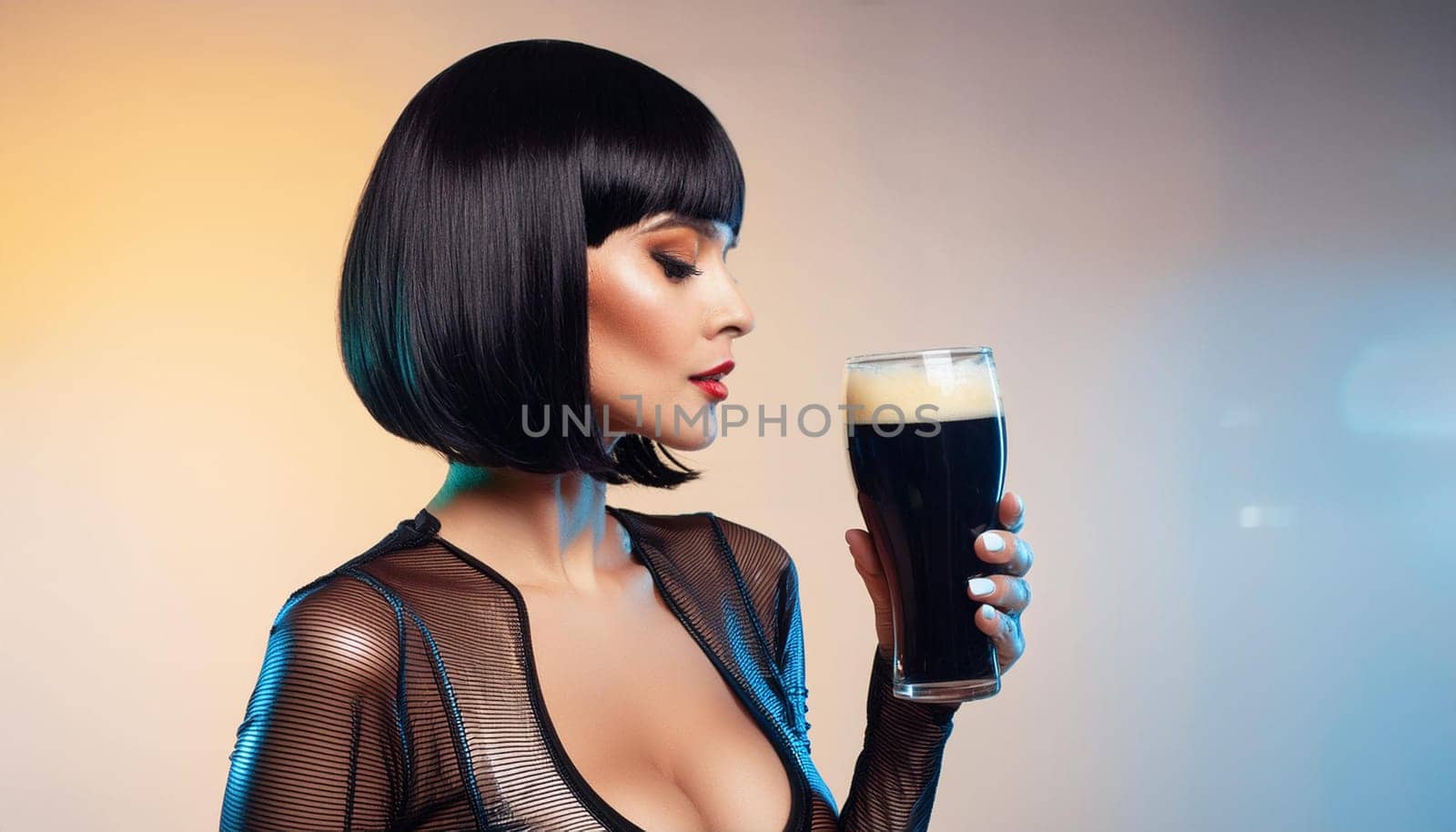 gorgeous woman bob haircut sixties retro futuristic style drinking beer pint, AI generated image