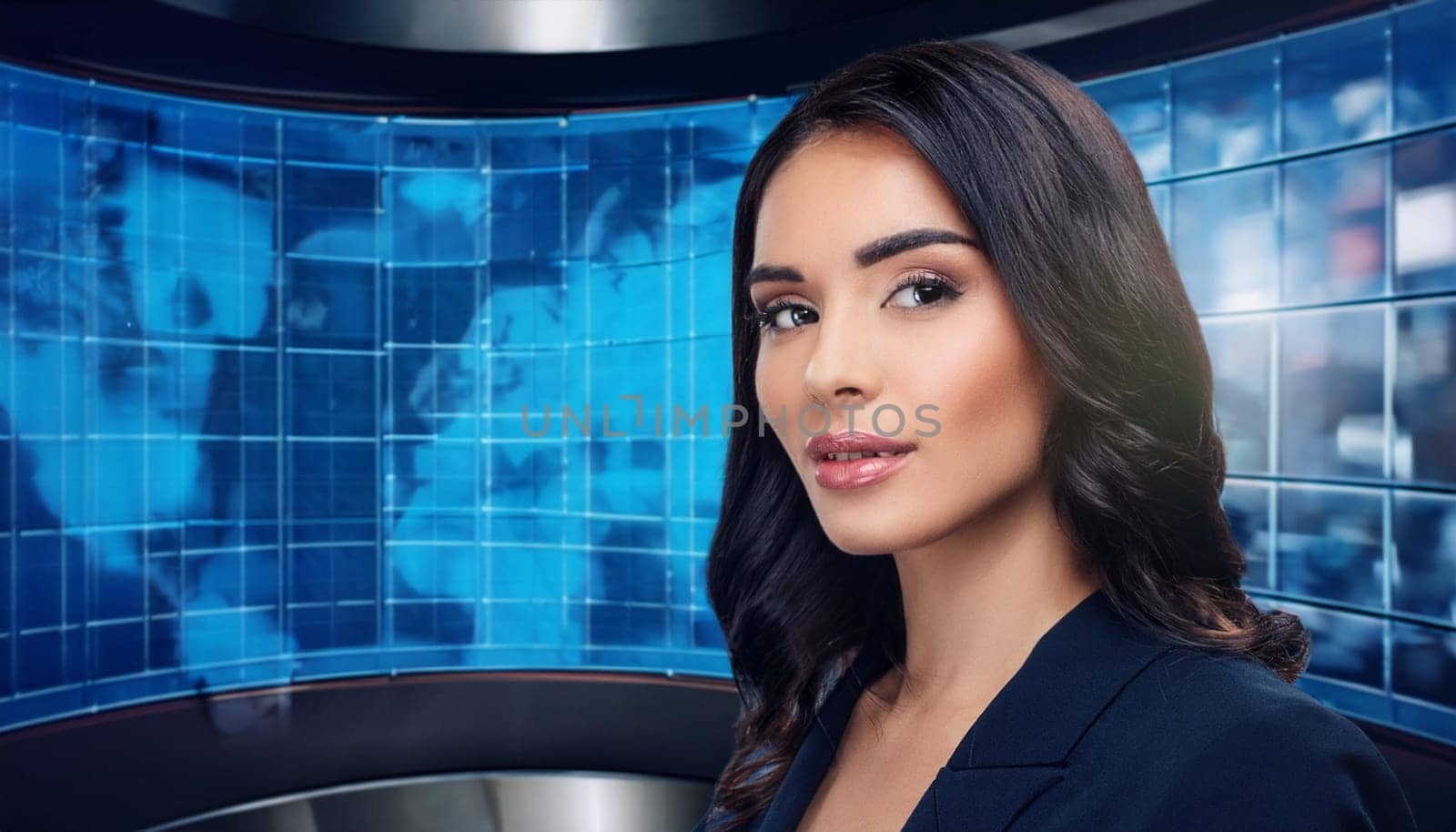 gorgeous female journalist in news tv studio, AI generated image