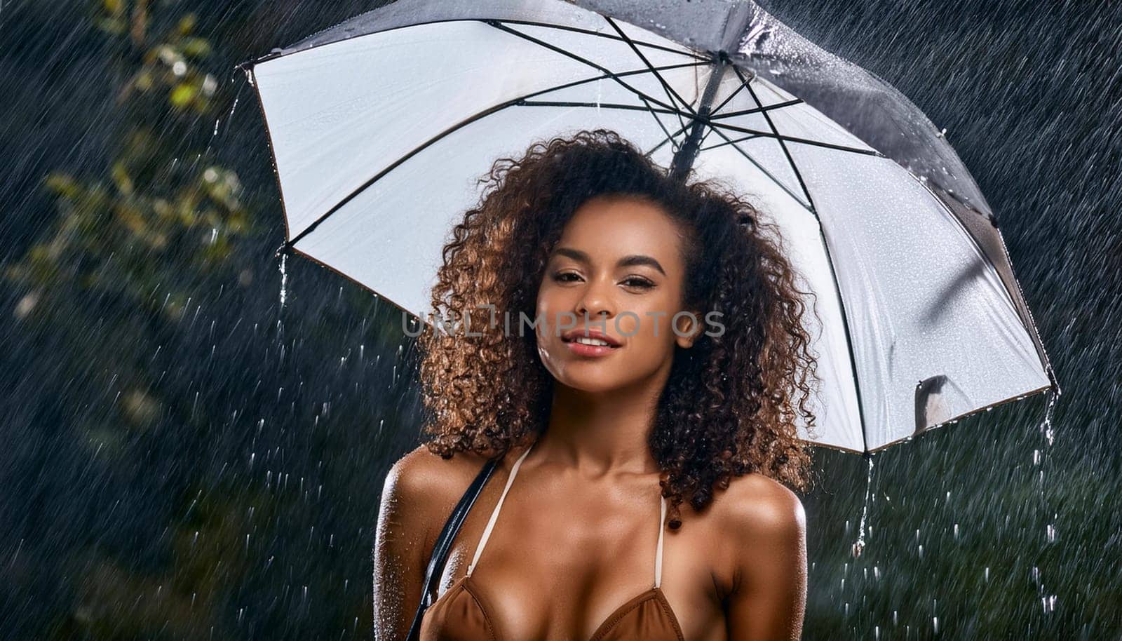 gorgeous young woman in the rain, AI generated image