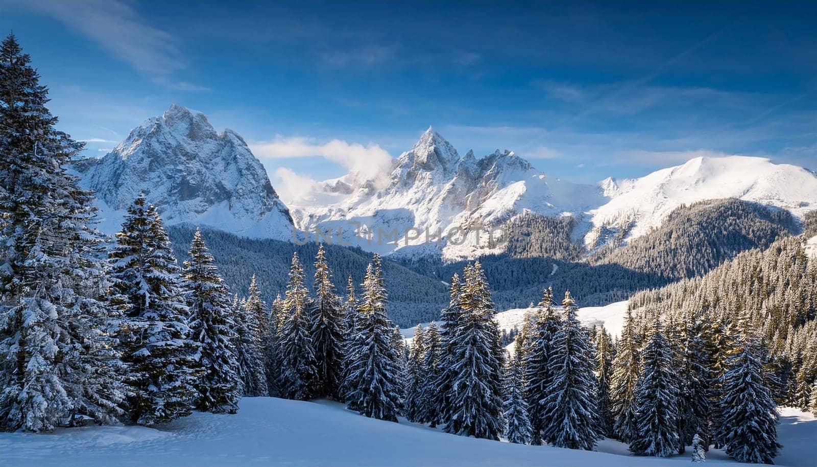 winter alpine mountains natural landscape, AI generated image