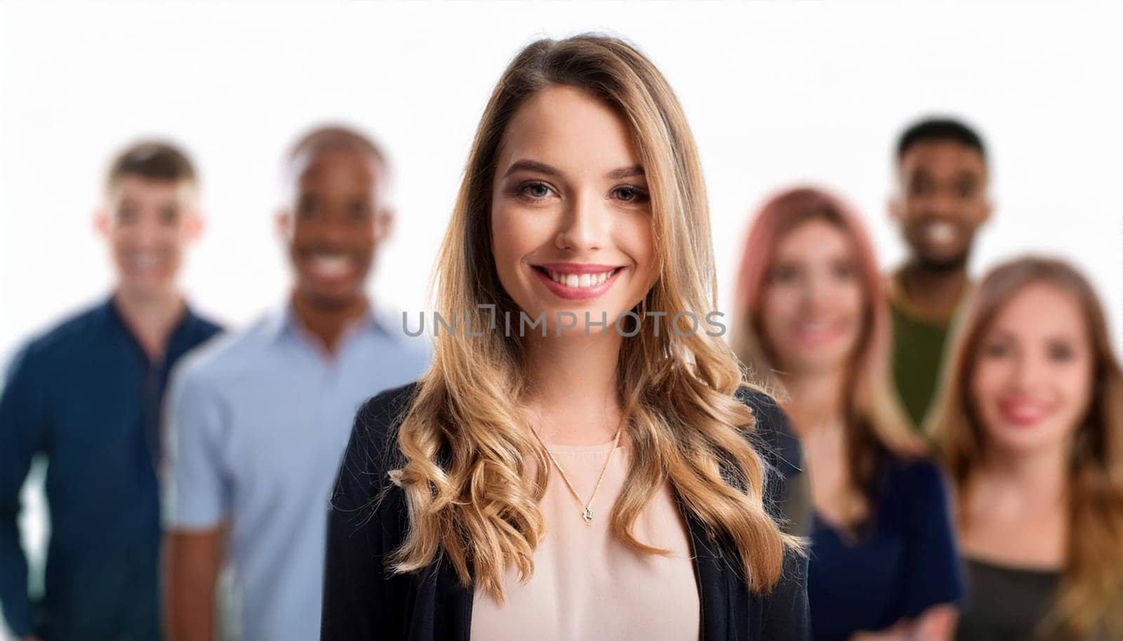 gorgeous woman smiling in a group of people, AI generated image