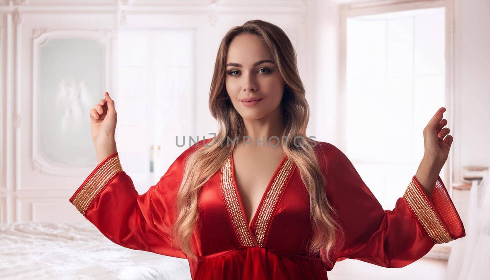 pretty young woman in a red night gown, AI generated image
