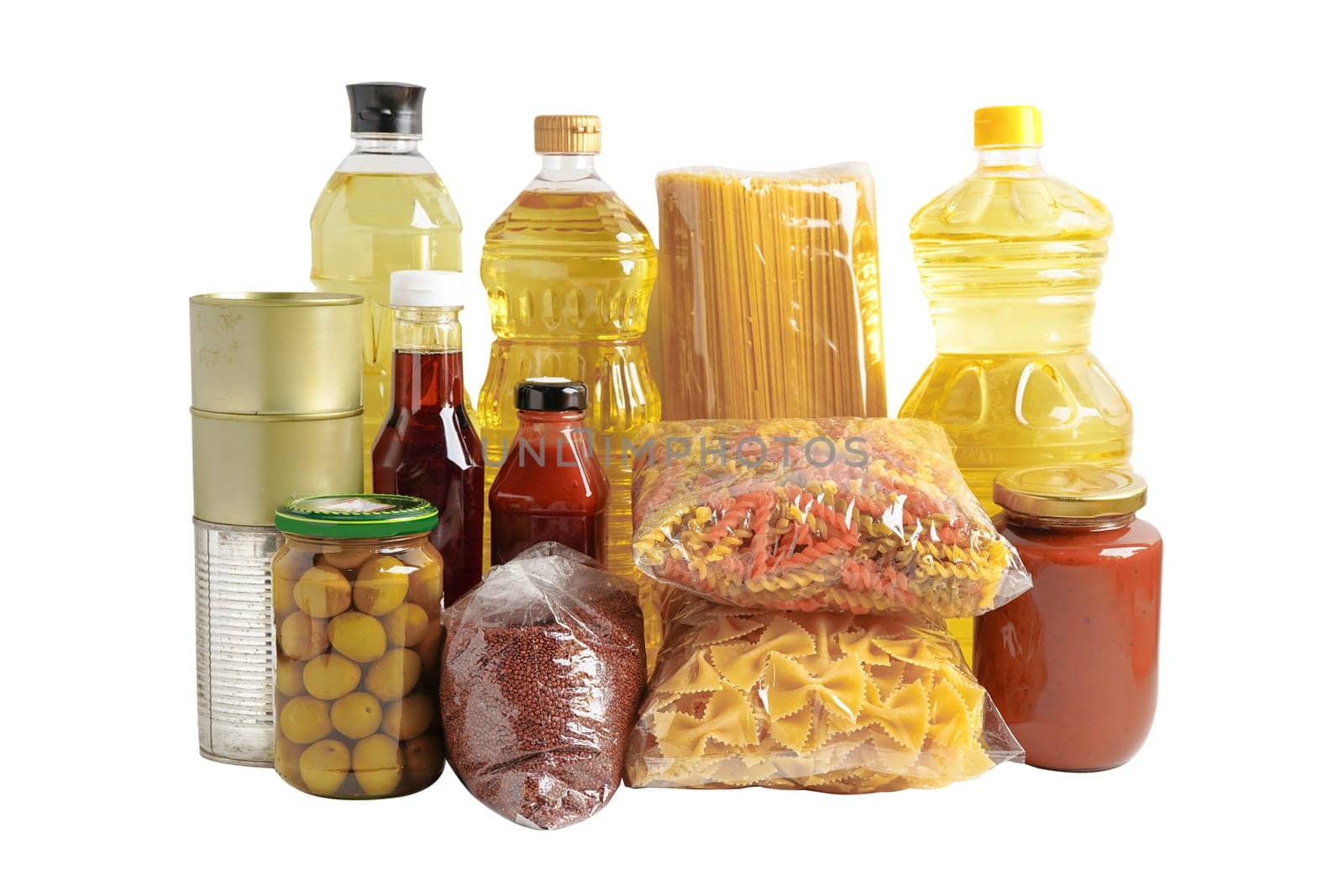 Foodstuffs in donation box isolated on white background with clipping path for volunteer to help people.