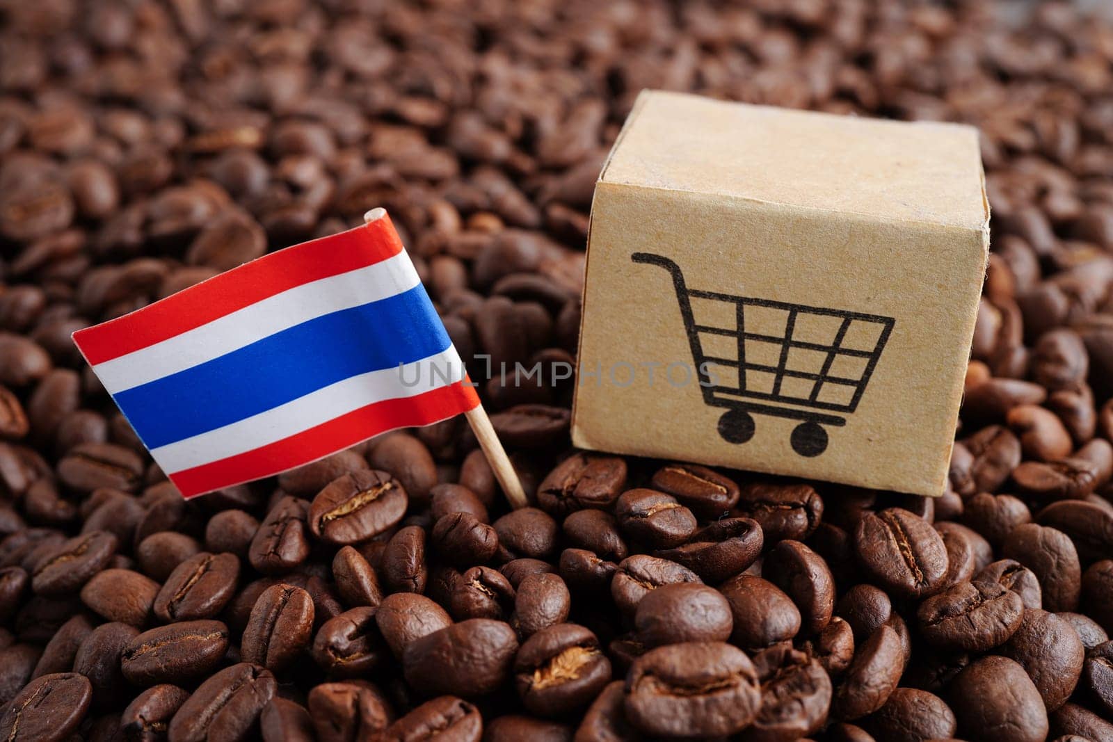 Thailand flag on coffee beans, shopping online for export or import food product.