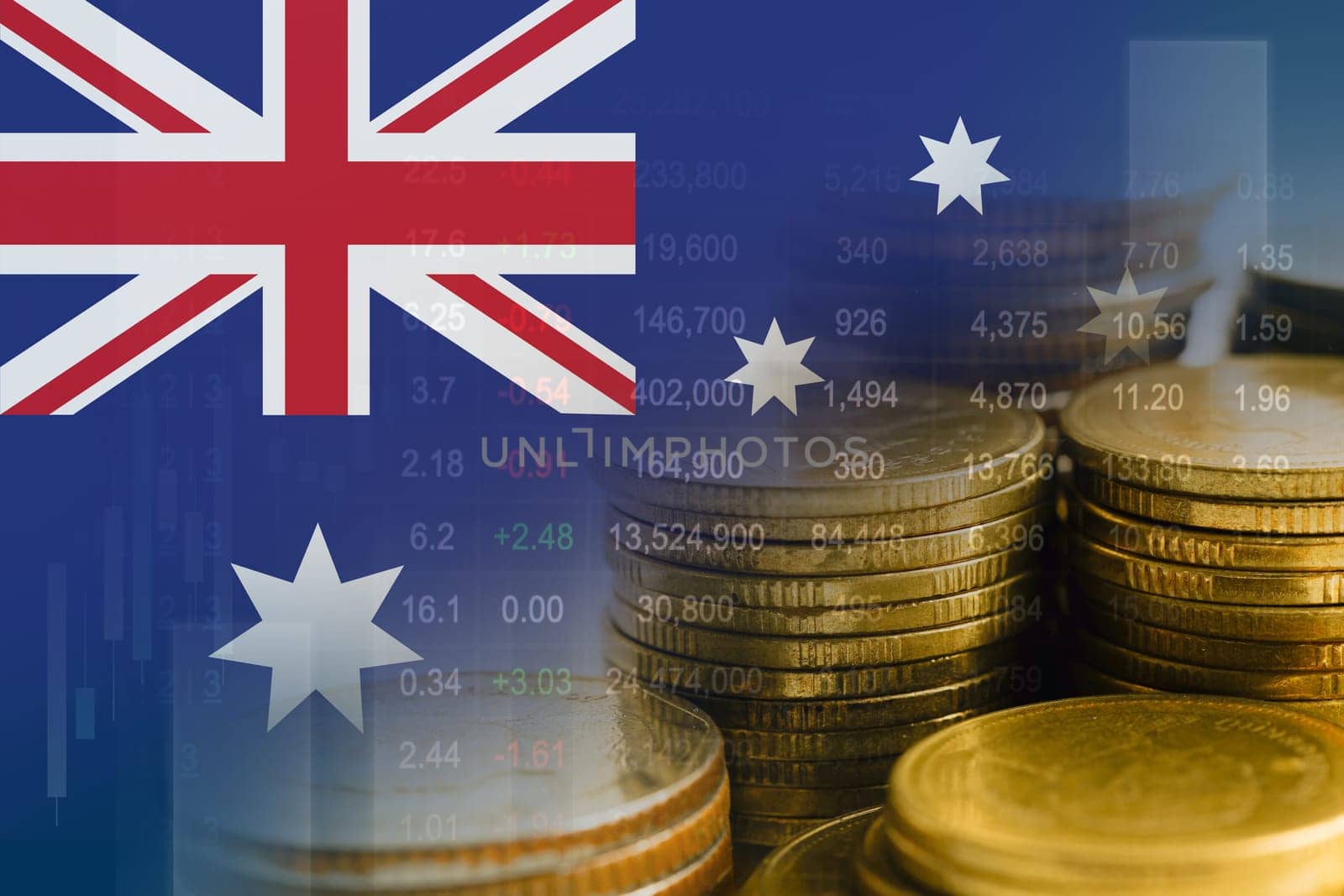 Australia flag with stock market finance, economy trend graph digital technology.