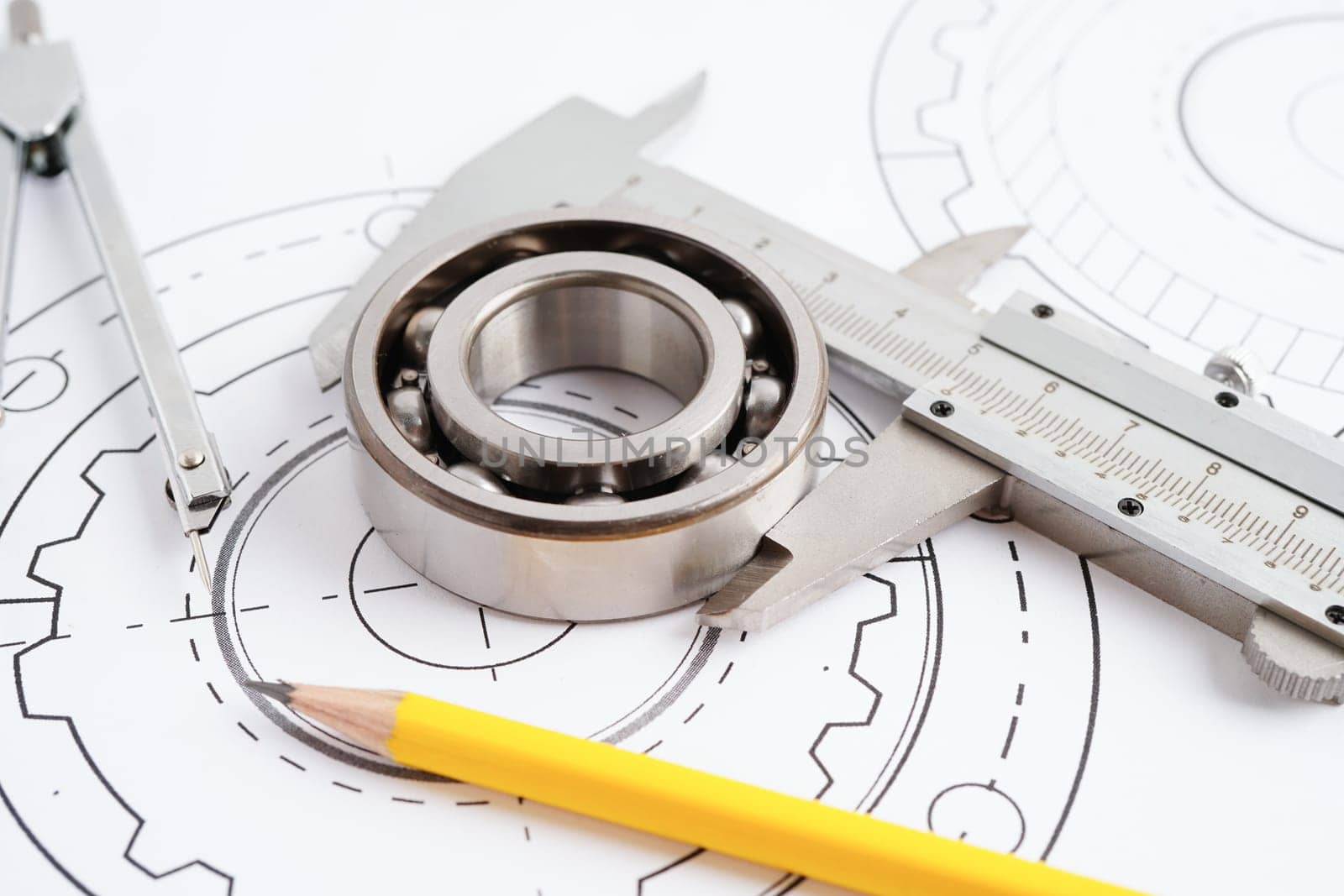Engineering and precision tools with metal ball bering, mechanical industrial.