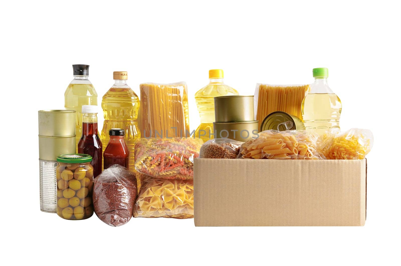 Foodstuffs in donation box isolated on white background for volunteer to help people.