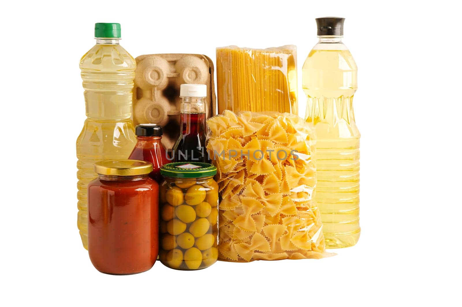 Foodstuffs in donation box isolated on white background with clipping path for volunteer to help people.