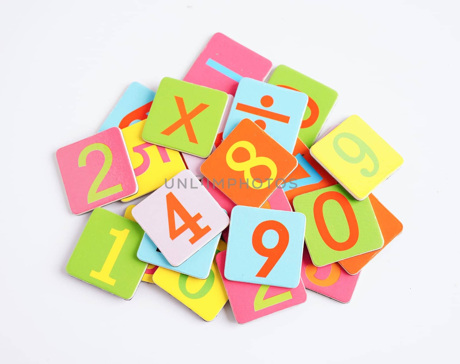 Number wood block cubes for learning Mathematic, education math concept.