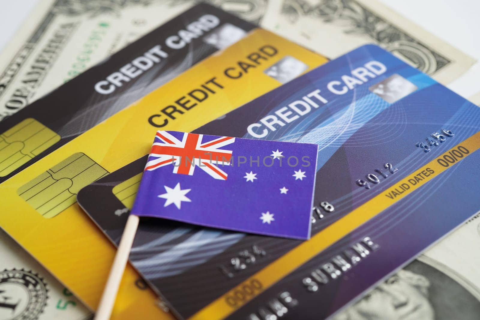 Australia flag on credit card, finance economy trading shopping online business.