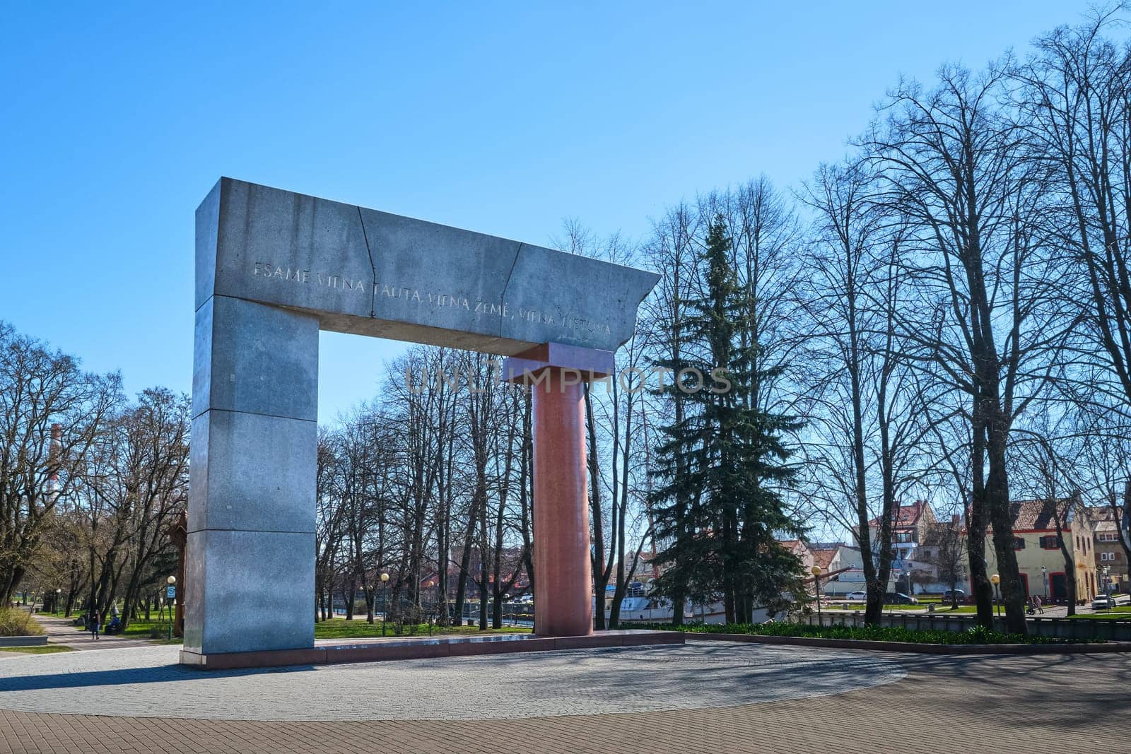 Monument of unified Lithuania in Klaipeda. Translation into English - .we are one nation, one country, one Lithuania. Apr 17, 2019 - Klaipeda, Lithuania
