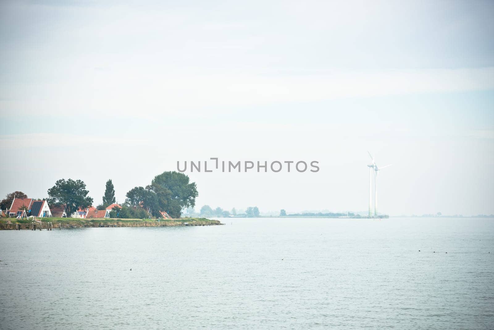 Northern Sea landscape: still water and birds on wooden posts