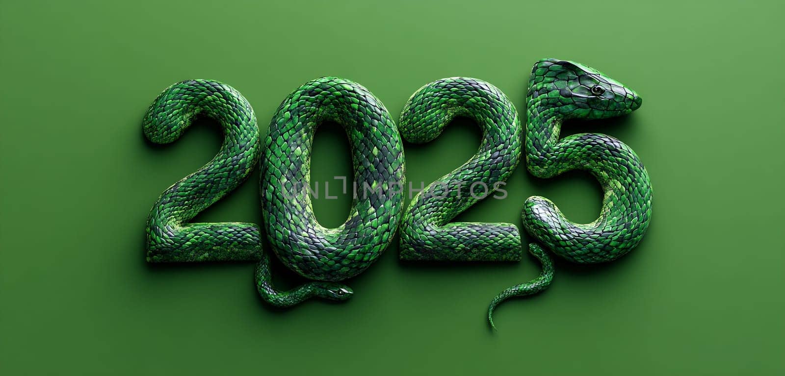 The design features a realistic green snake intricately shaped into the digits 2025, showcasing a striking visual for the upcoming year.