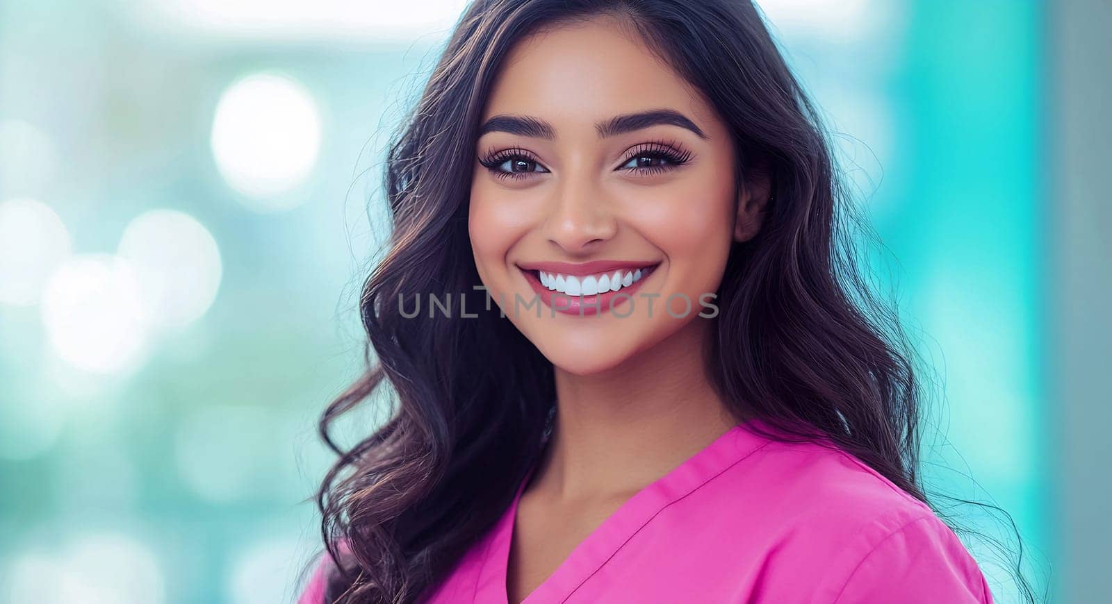 A friendly nurse, dressed in a vibrant pink uniform, beams with positivity in a sunny healthcare setting, exuding warmth and care.