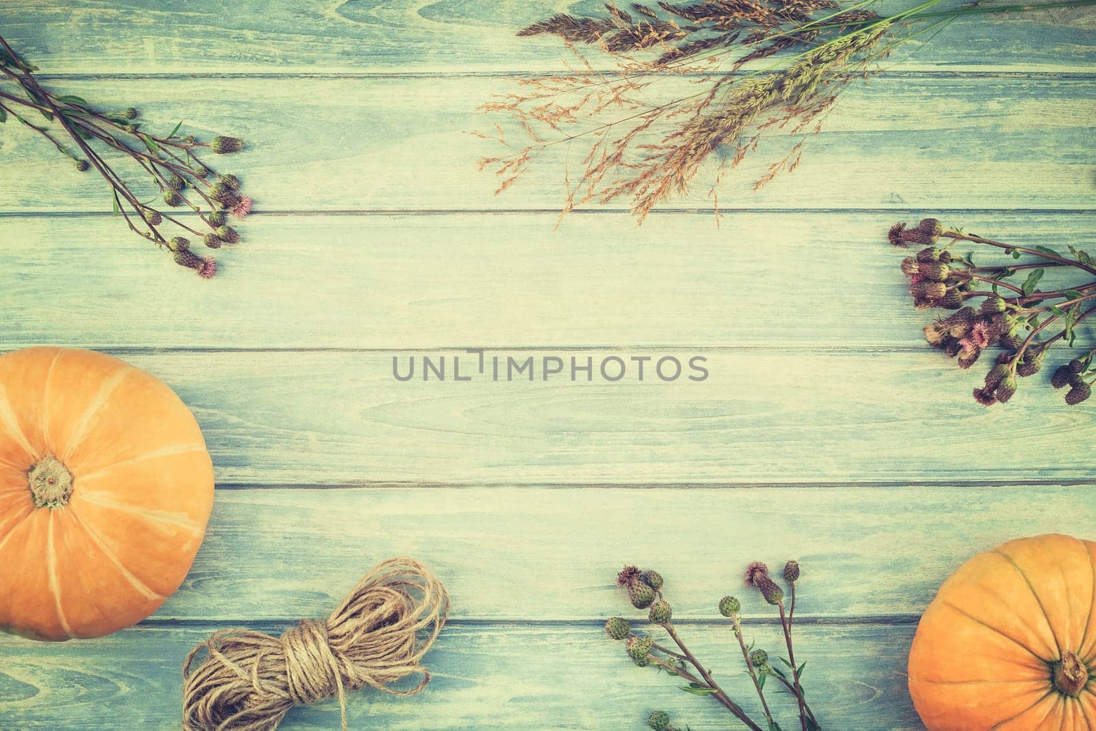 Top view of autumn orange pumpkins and dry flowers and grass in box thanksgiving background over blue toned wooden table with copy space. Template for fall harvest mood text