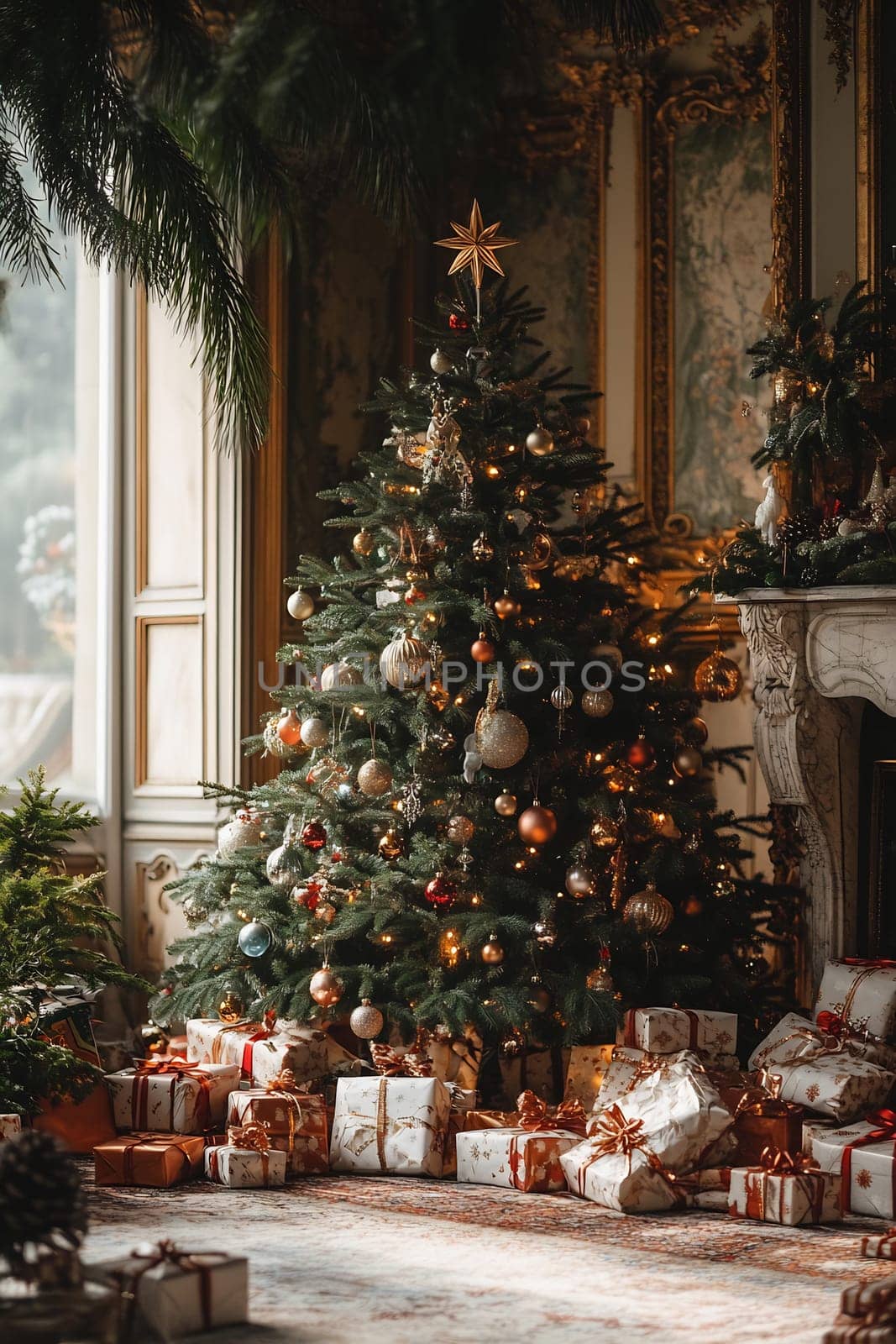 A charming Christmas tree glows with lights and ornaments, surrounded by an array of presents in a warm, inviting space.