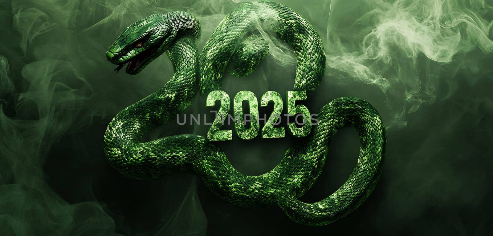 A green snake coils around the year 2025, surrounded by an ethereal mist, suggesting themes of transformation and future possibilities.