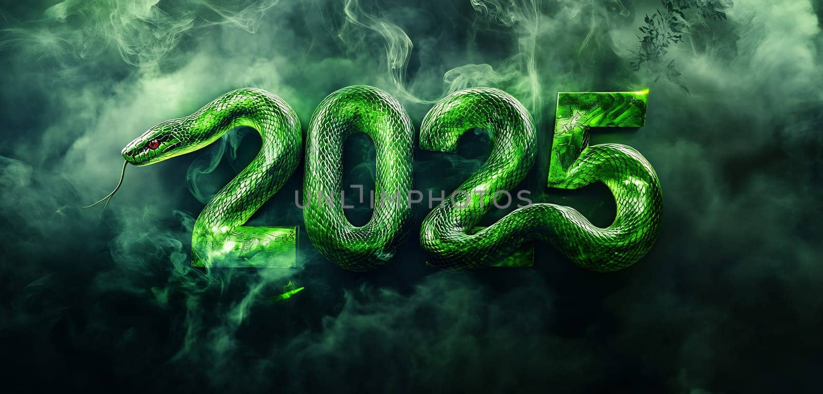 A green snake entwines the numbers representing 2025 amid swirling mist, symbolizing transformation and the unknown ahead.