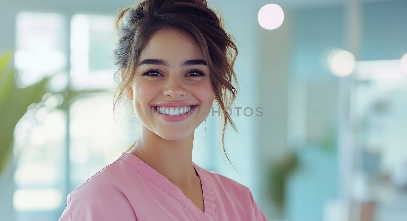 A young healthcare worker smiles brightly in pink scrubs, exuding warmth and friendliness in a bright clinic environment.