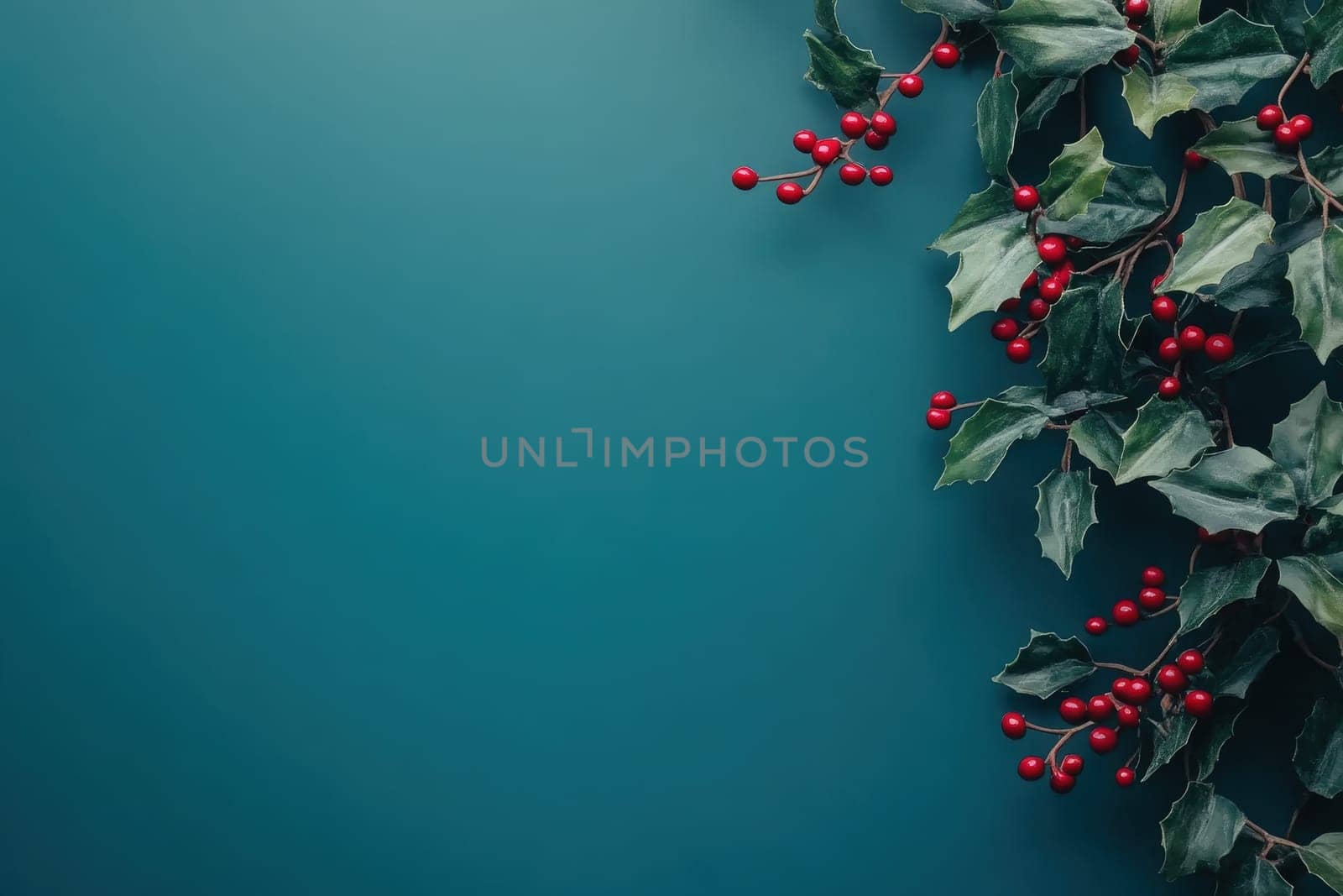 Bright holiday garlands featuring lush green leaves and vivid red berries are elegantly arranged on a solid teal background, creating a festive and cheerful atmosphere perfect for celebrations.