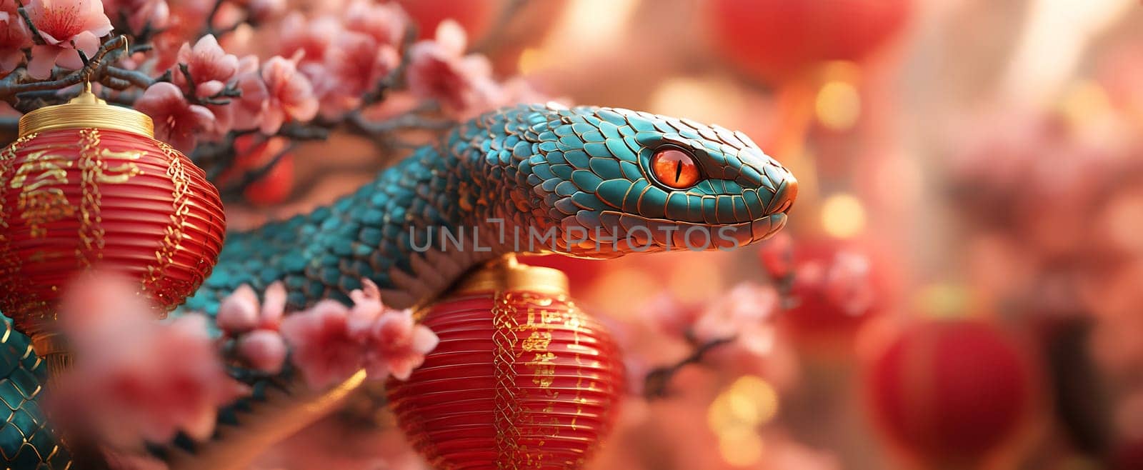 A turquoise snake is elegantly positioned among cherry blossoms and lanterns, embodying a vibrant festive atmosphere.