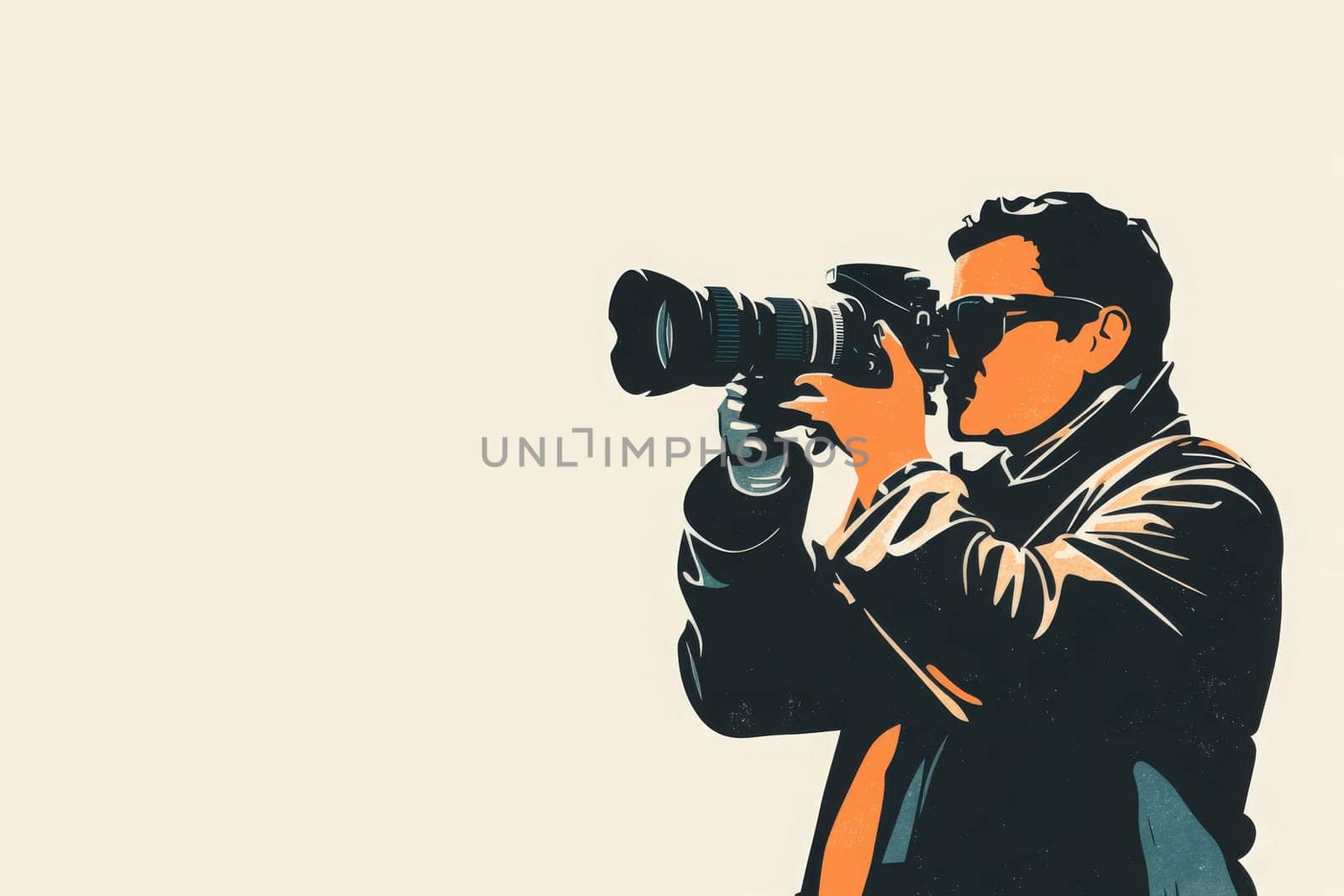 A dedicated journalist aims his camera at a subject, showcasing a clean and minimalist design. His expression reflects concentration and purpose as he prepares to capture an important moment.