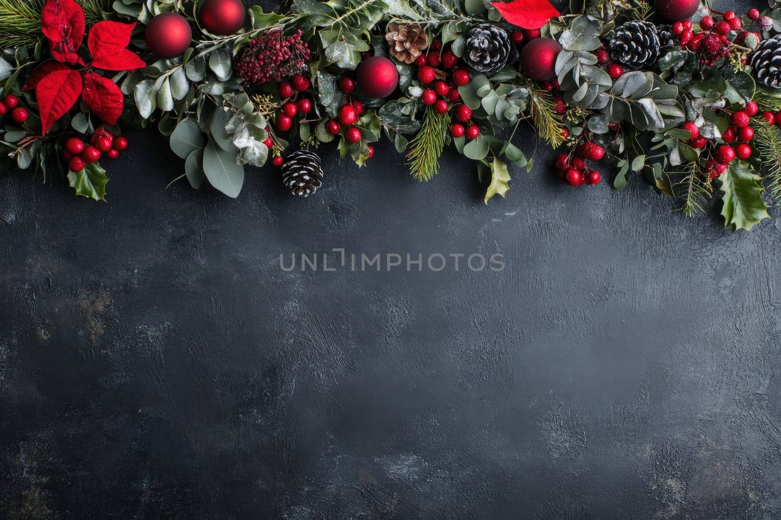 A collection of holiday garlands beautifully arranged with red and green elements against a clean dark background. Pine cones, berries, and festive flowers create a joyful festive atmosphere.