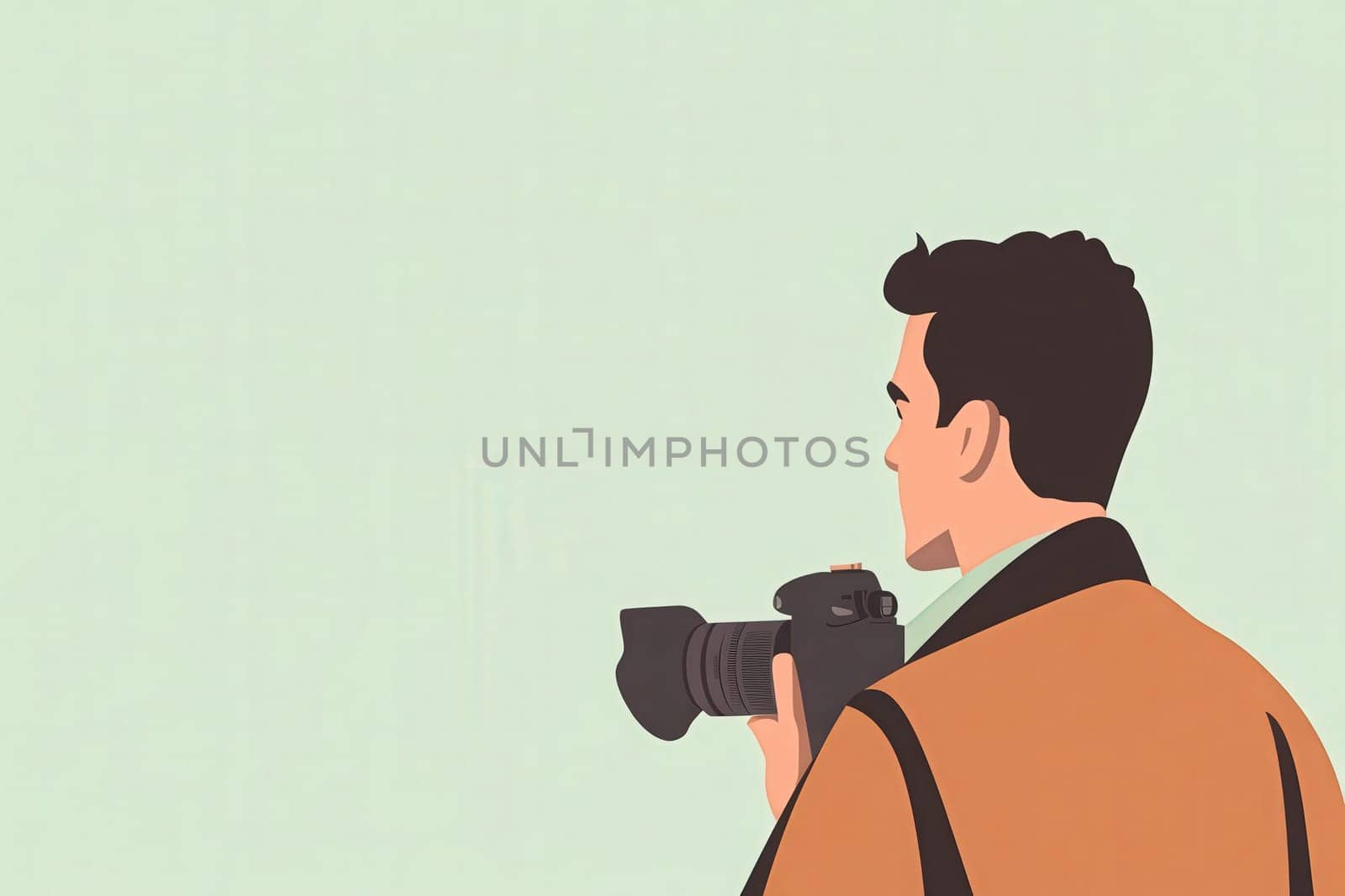 A journalist stands poised with his camera, ready to document a story. The clean backdrop emphasizes his determination and professional demeanor, illustrating the essence of his craft.