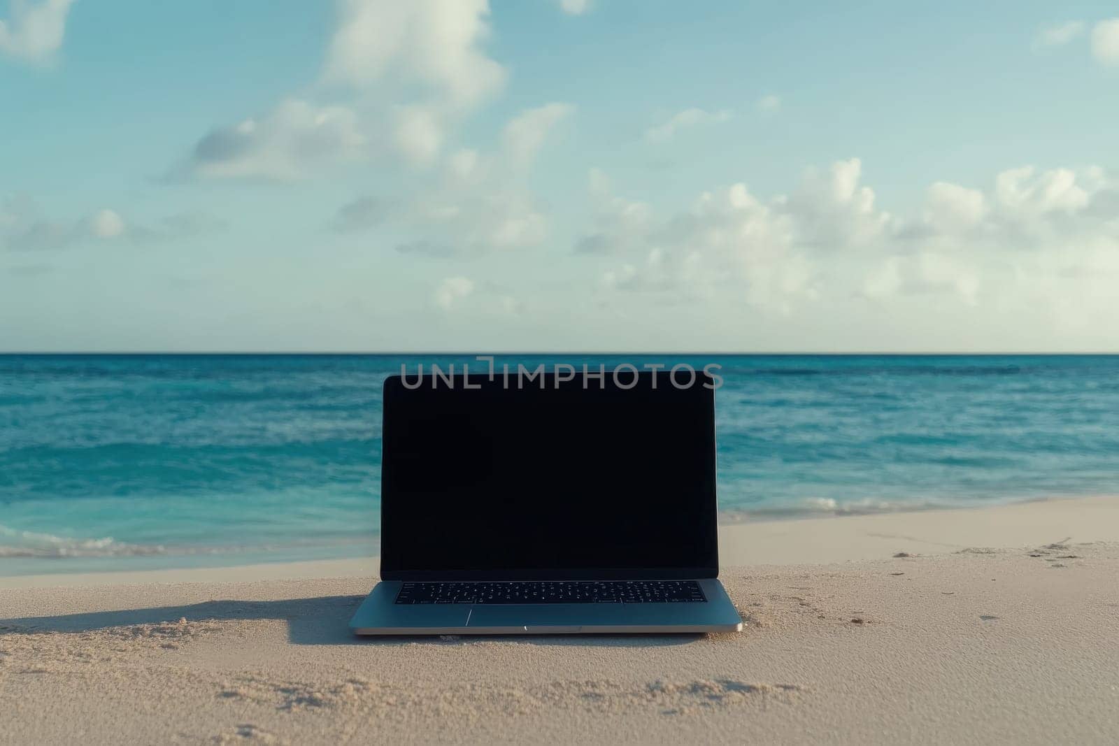 A sleek laptop sits on soft sand by the water, surrounded by a tranquil beach atmosphere. The gentle waves and clear sky create a serene backdrop for creativity and relaxation.