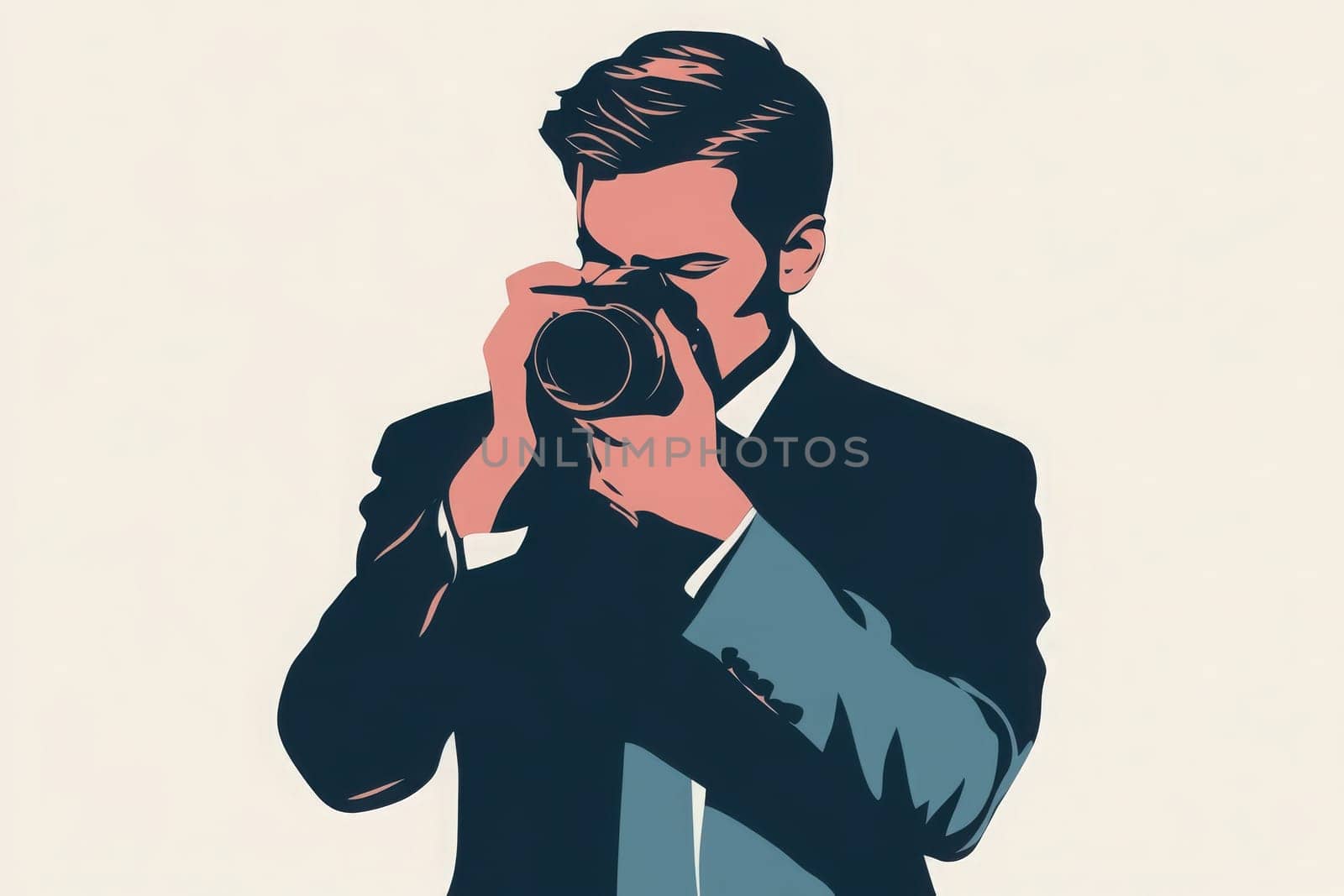 A journalist in a formal suit focuses intently on capturing an important moment with his camera, emphasizing his dedication to the craft of photography and storytelling in a minimalist setting.