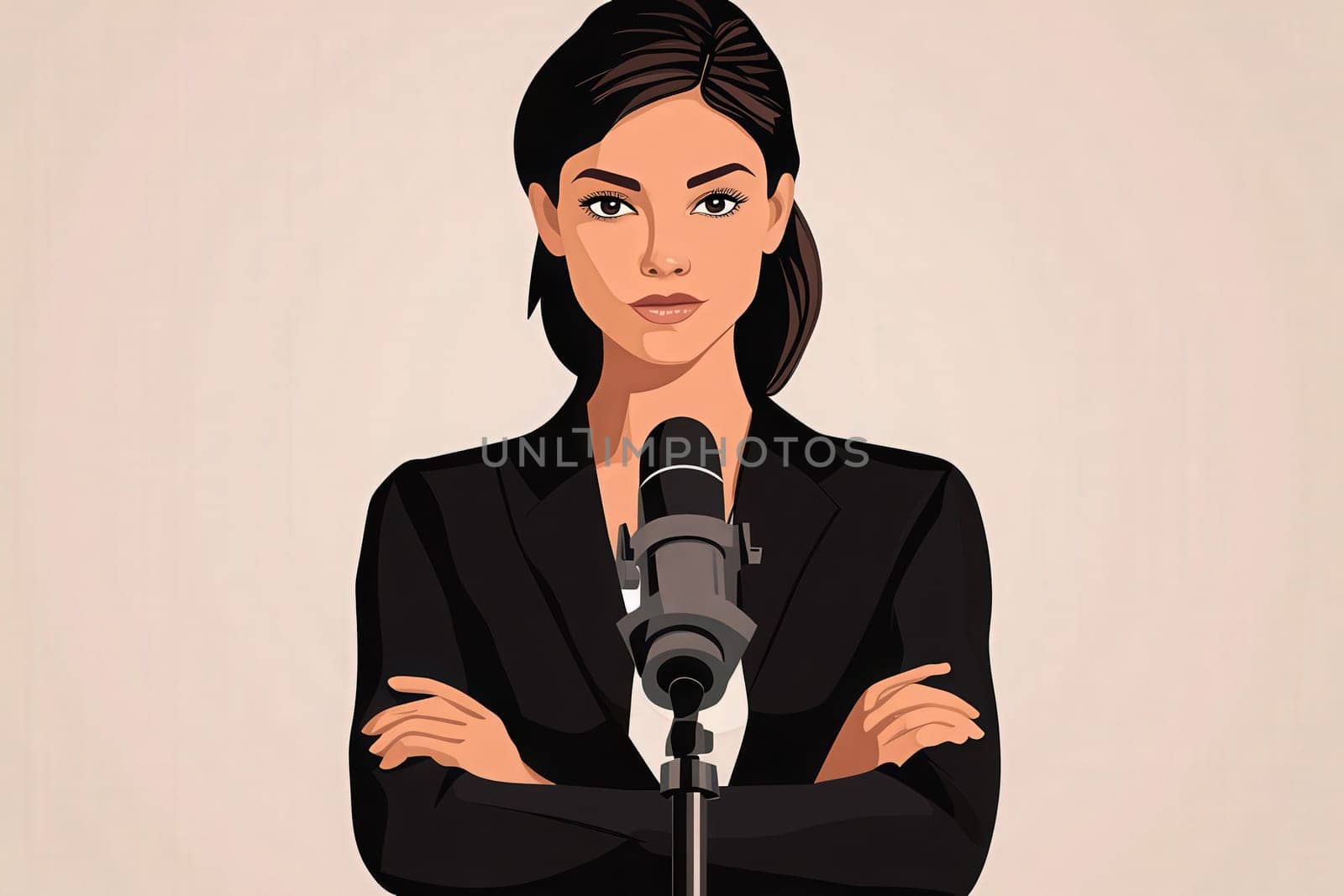 A journalist stands poised with arms crossed in front of a microphone, showcasing confidence in a clean, minimalist design. The setting emphasizes professionalism and focus.