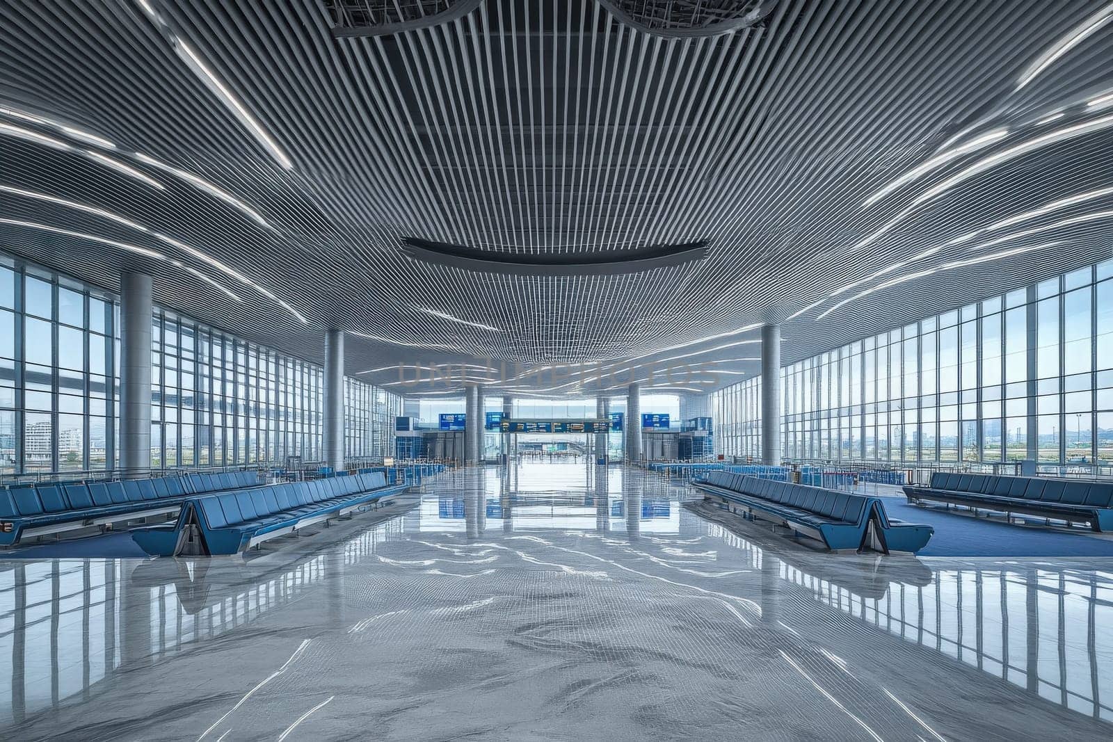 The bright international arrival terminal showcases a spacious interior with ample seating and expansive glass windows. Natural light floods the area, enhancing its modern, welcoming atmosphere.