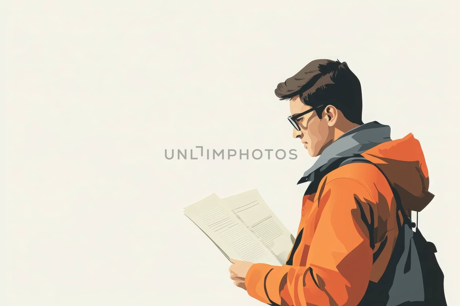 A focused man stands outdoors, reading a report with great attention. He is dressed in a stylish orange jacket, contrasting against a simple, clear background that enhances his thoughtful posture.