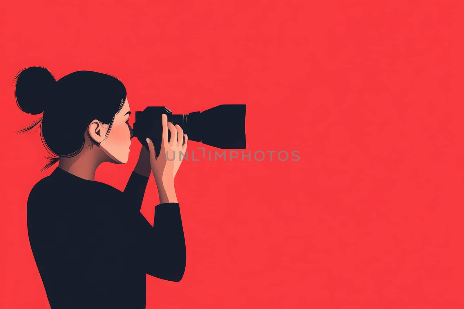 A journalist woman focuses intently on her camera, poised to capture important moments. The clean, minimalist design emphasizes her dedication and passion for storytelling through visuals.