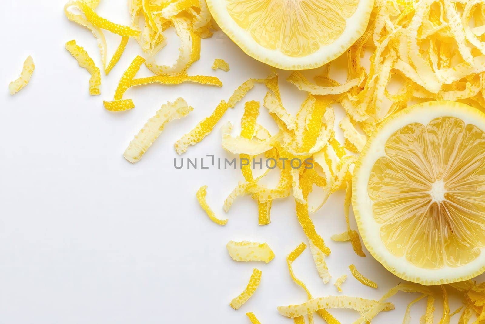 Vibrant yellow lemon zest is artfully arranged around halved lemons, highlighting their juicy flesh and aromatic zest. This fresh preparation adds a bright touch to culinary creations.