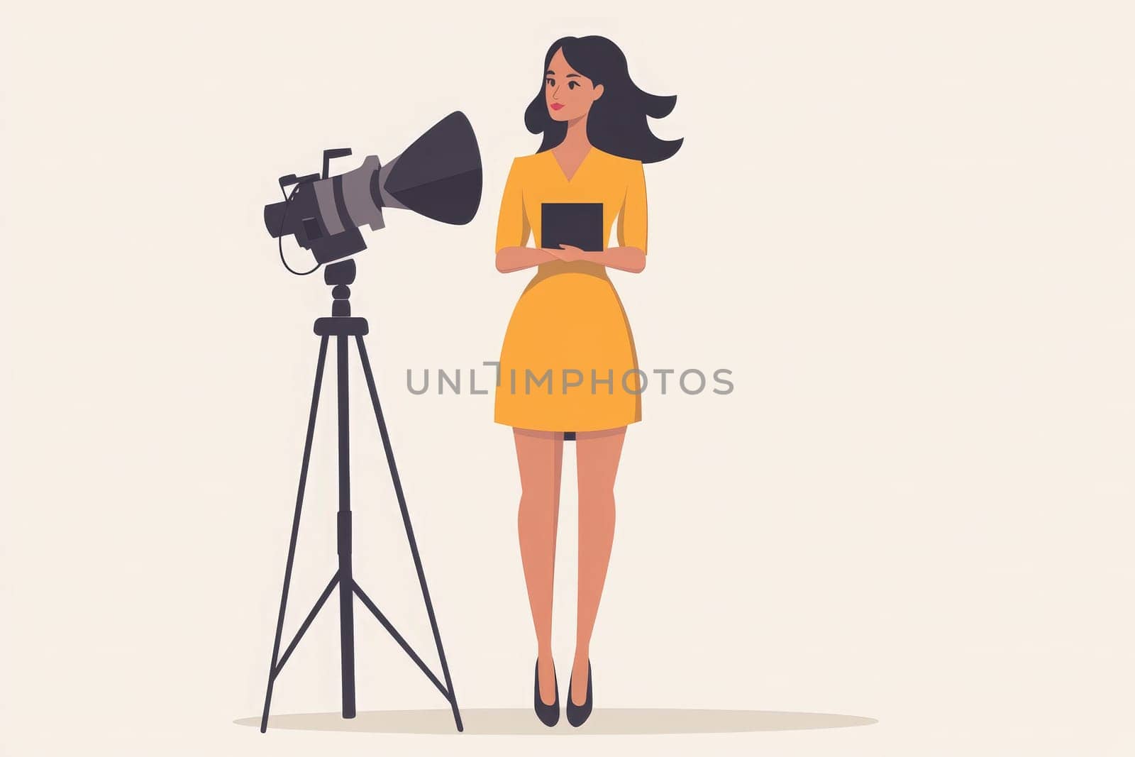 A journalist in a bright yellow dress holds a tablet while standing beside a professional camera on a tripod. The clean design emphasizes her role in reporting and storytelling.