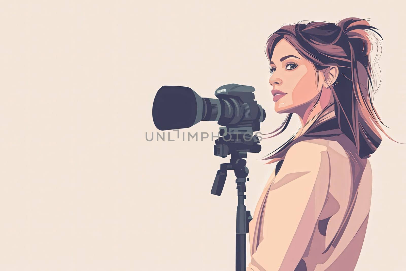 A focused journalist stands confidently beside her camera, ready to capture important moments. The minimalist backdrop enhances her dedication to storytelling through photography.