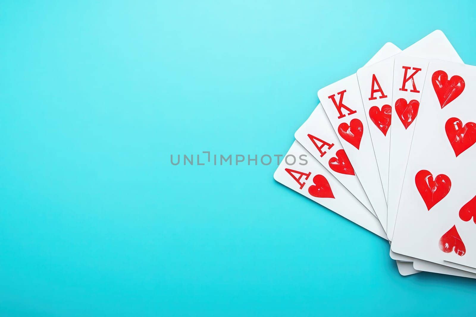 A collection of playing cards featuring the king of hearts prominently displayed, set against a bright blue background that enhances the vivid red and white design.