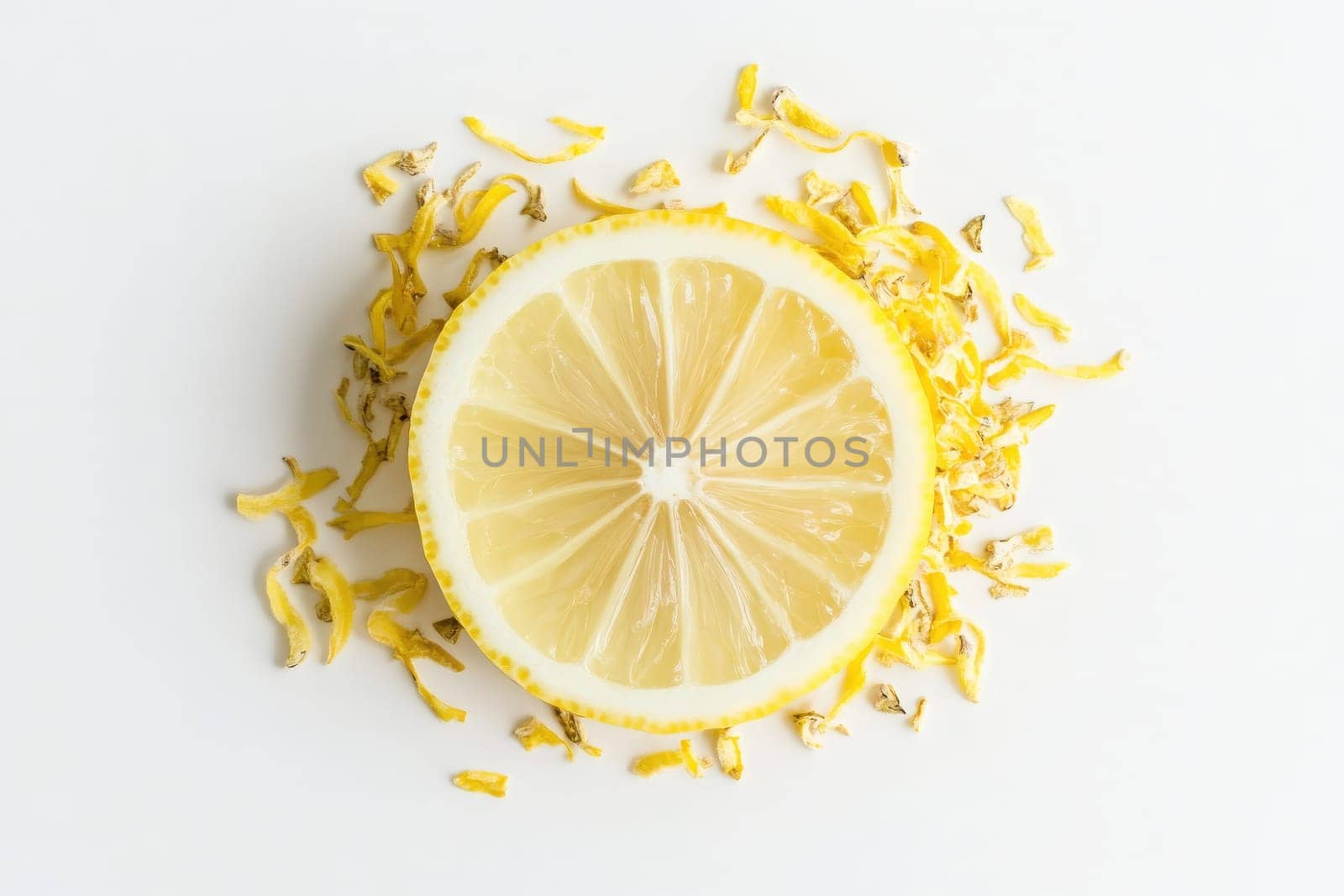 A halved lemon sits at the center, surrounded by vibrant lemon zest that adds texture and brightness. The arrangement highlights the rich color and freshness of the citrus fruit.