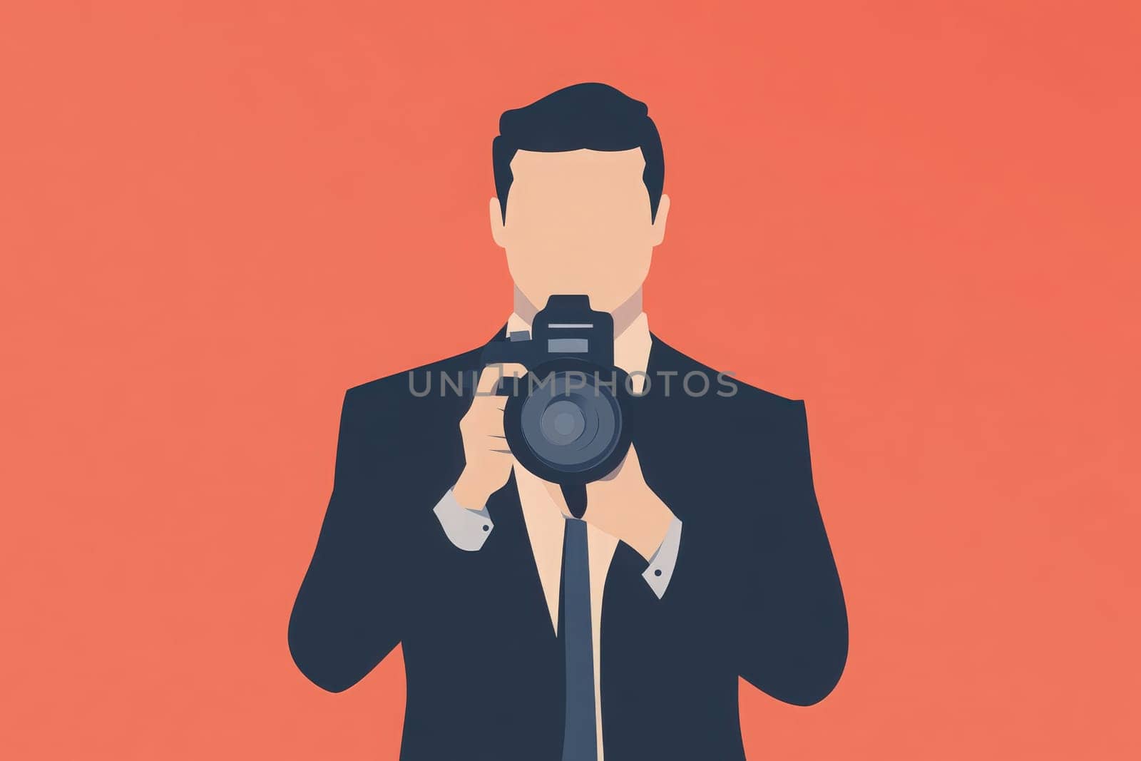 A professional journalist stands confidently in a formal suit, holding a camera ready to capture important moments in an event. The clean background accentuates the subjects focus on journalism.