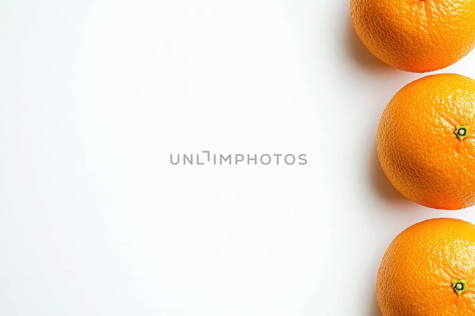 Three juicy oranges are neatly placed on a clean, solid white surface, highlighting their vibrant color and texture, perfect for showcasing freshness and vitality.