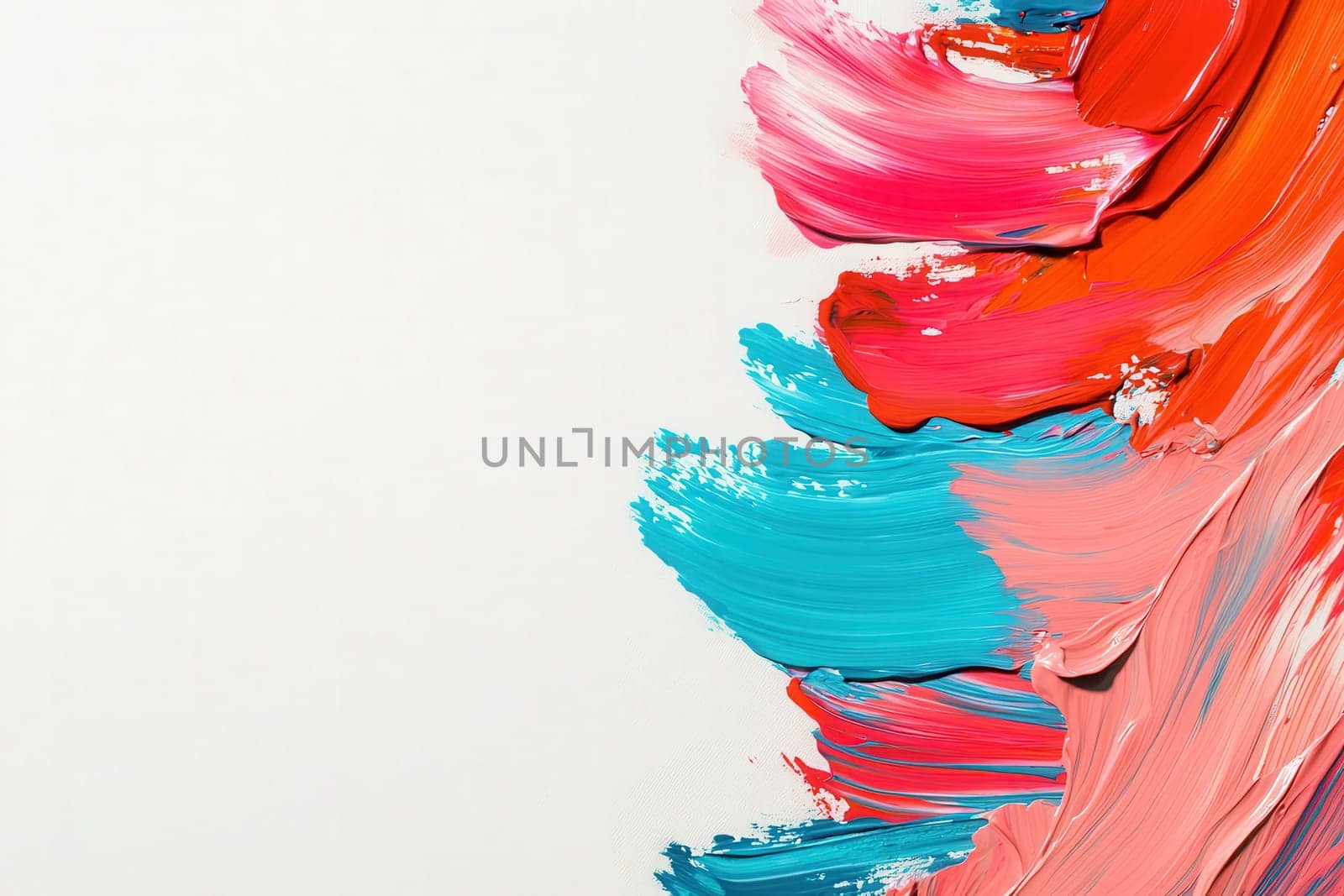 The artwork features vibrant layers of paint in various colors, including pink, blue, and orange, applied on a clean white surface, highlighting artistic texture and creativity in design.