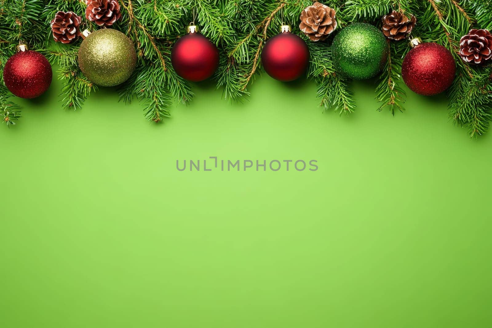 Colorful holiday garlands featuring red and green ornaments, along with pine cones, are displayed against a bright green background, creating a festive atmosphere perfect for celebrations.